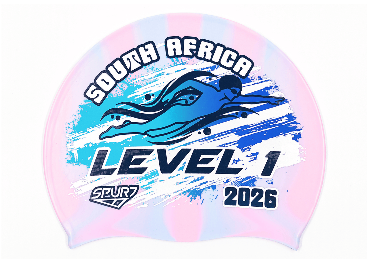 Level 1 2026 in Slanted Font and Grungy Brush on Mi126 Light Pink &amp; Light Blue Vertical Stripes Spurt Silicone Swim Cap