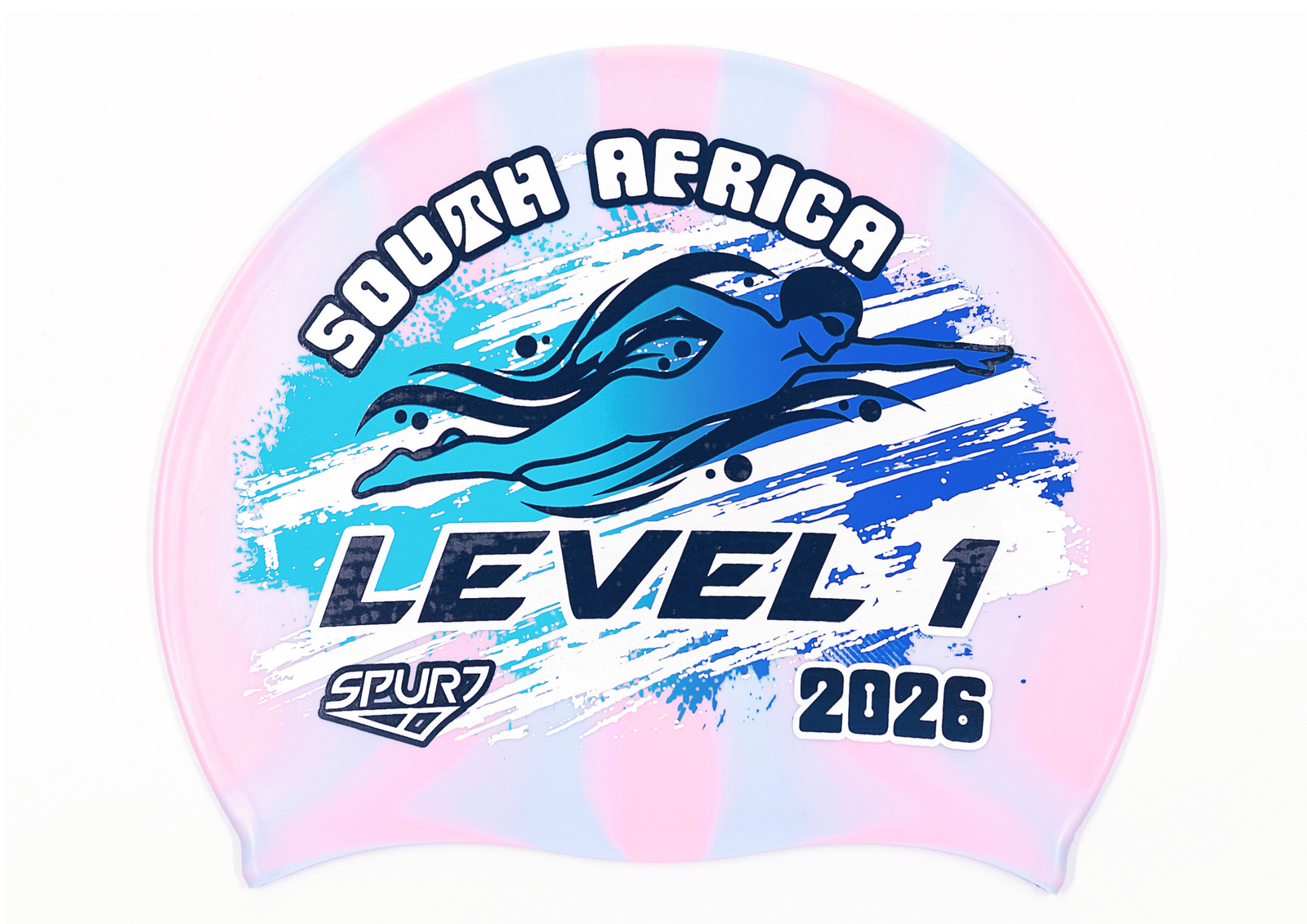 Level 1 2026 in Slanted Font and Grungy Brush on Mi126 Light Pink & Light Blue Vertical Stripes Spurt Silicone Swim Cap