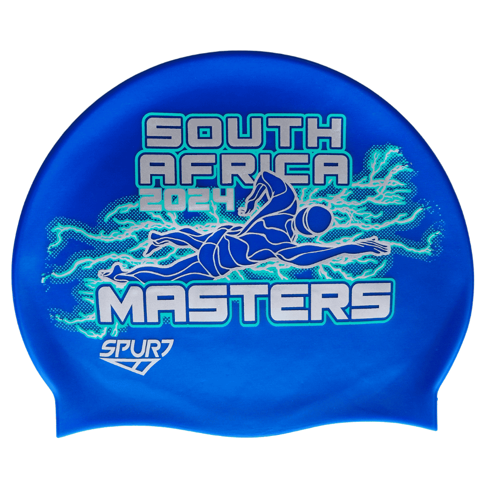 Masters 2024 Lightning behind Swimmer on SH71 Ocean Blue Spurt Silicone Swim Cap