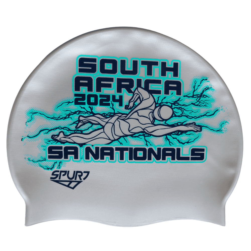 Senior Nationals 2024 Lightning behind Swimmer on SD11 Silver Spurt Silicone Swim Cap