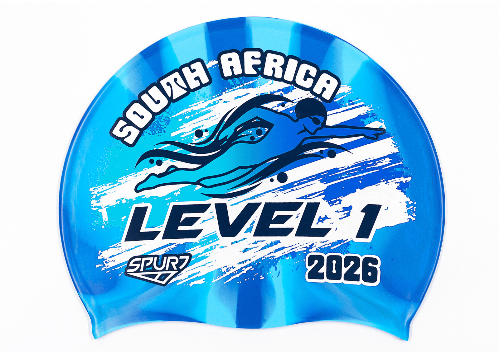 Level 1 2026 in Slanted Font and Grungy Brush on Mi1 Dark & Light Blue Vertical Stripes Spurt Silicone Swim Cap