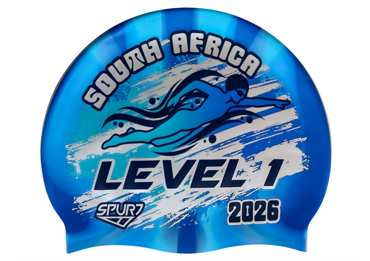 Level 1 2026 in Slanted Font and Grungy Brush on Mi1 Dark &amp; Light Blue Vertical Stripes Spurt Silicone Swim Cap