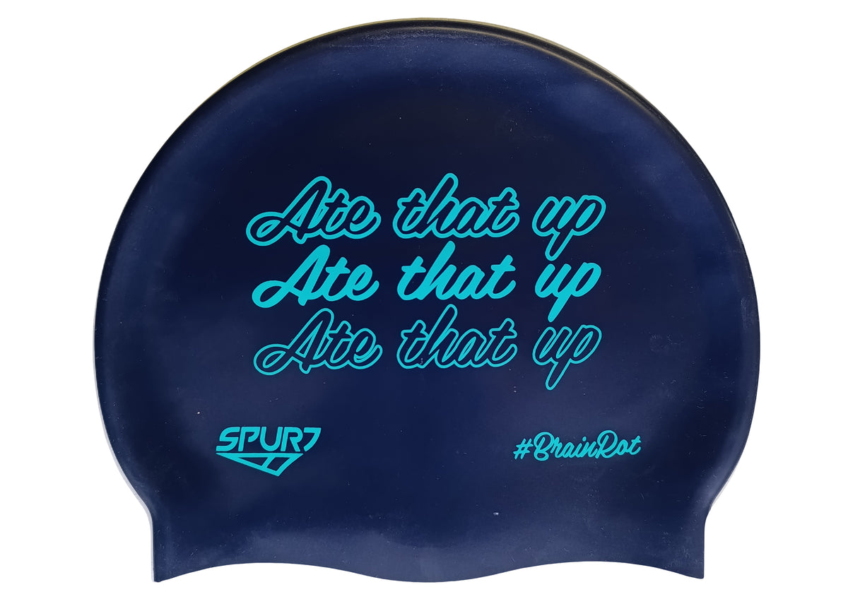 BrainRot Ate That Up on F248 Midnight Navy Spurt Silicone Swim Cap