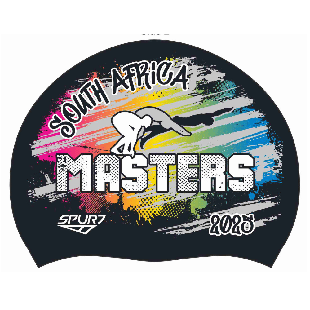 MASTERS 2025 Rainbow blend behind Swimmer on SB14 Metallic Black Spurt Silicone Swim Cap