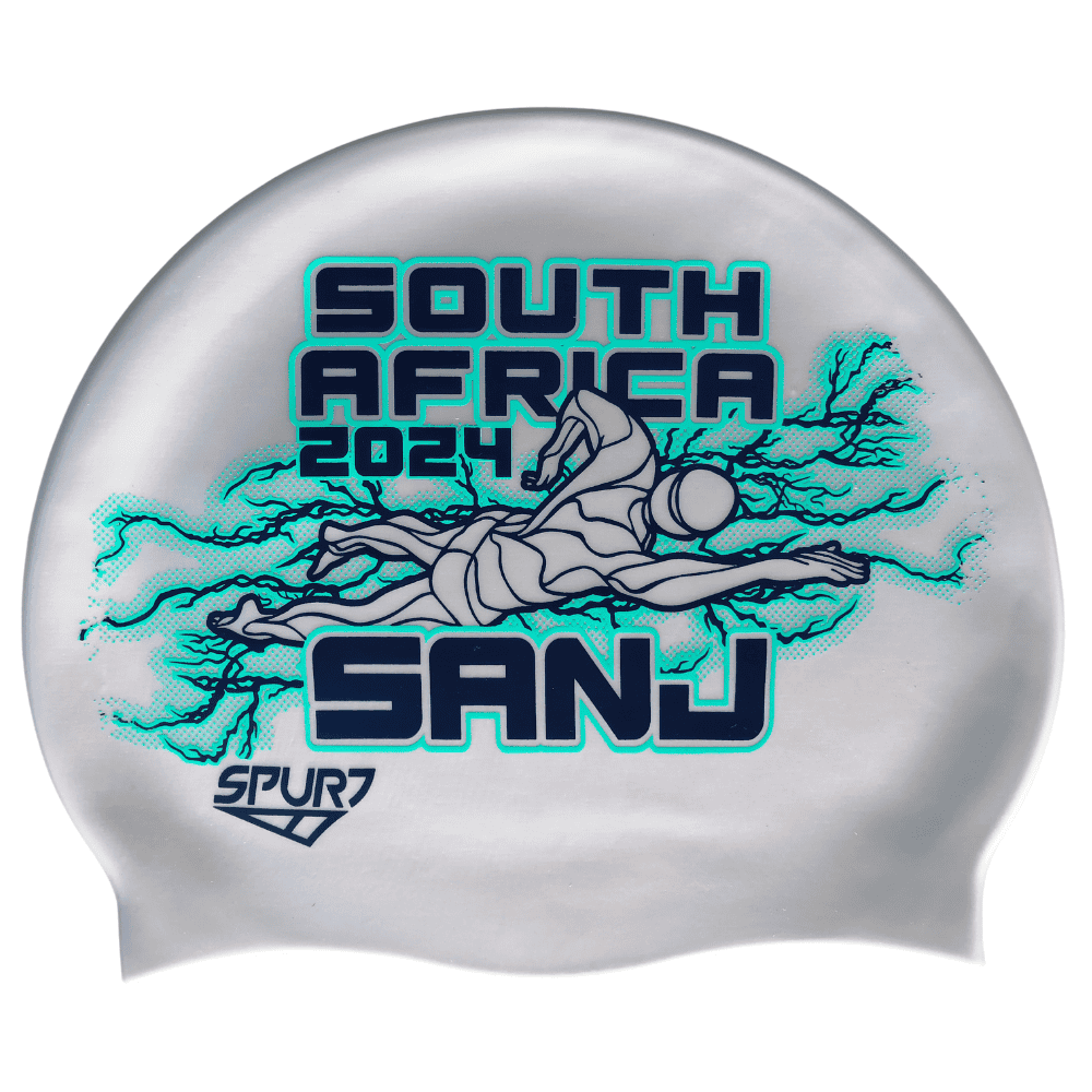 Junior Nationals 2024 Lightning behind Swimmer on SD11 Silver Spurt Silicone Swim Cap