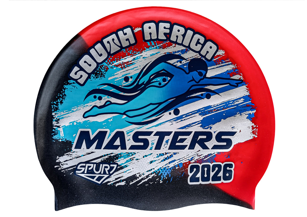 MASTERS 2026 in Slanted Font and Grungy Brush on MW92 Red &amp; Black Diagonal Blend Stripes Spurt Silicone Swim Cap