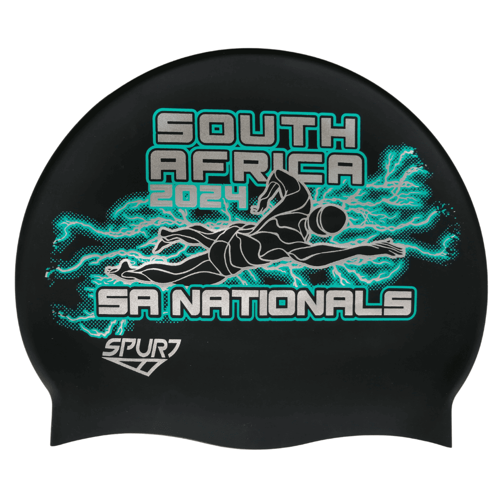 Senior Nationals 2024 Lightning behind Swimmer on F209 Deep Black Spurt Silicone Swim Cap