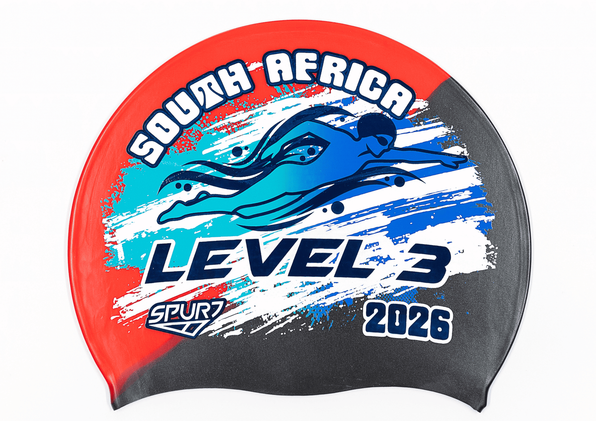 LEVEL 3 2026 in Slanted Font and Grungy Brush on MW92 Red and Black Diagonal Blend  Spurt Silicone Swim Cap
