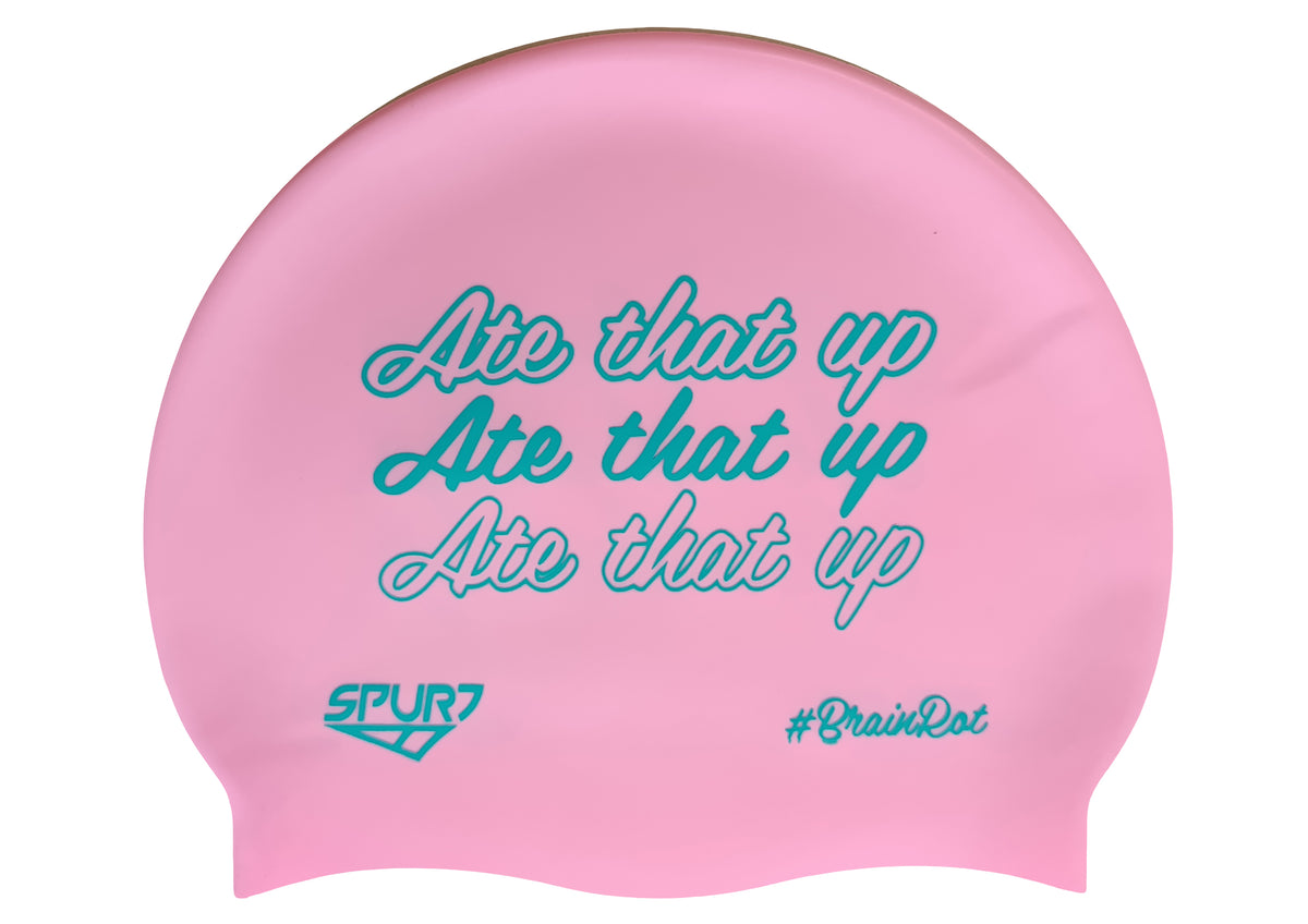 BrainRot Ate That Up on F239 Light Pink Spurt Silicone Swim Cap