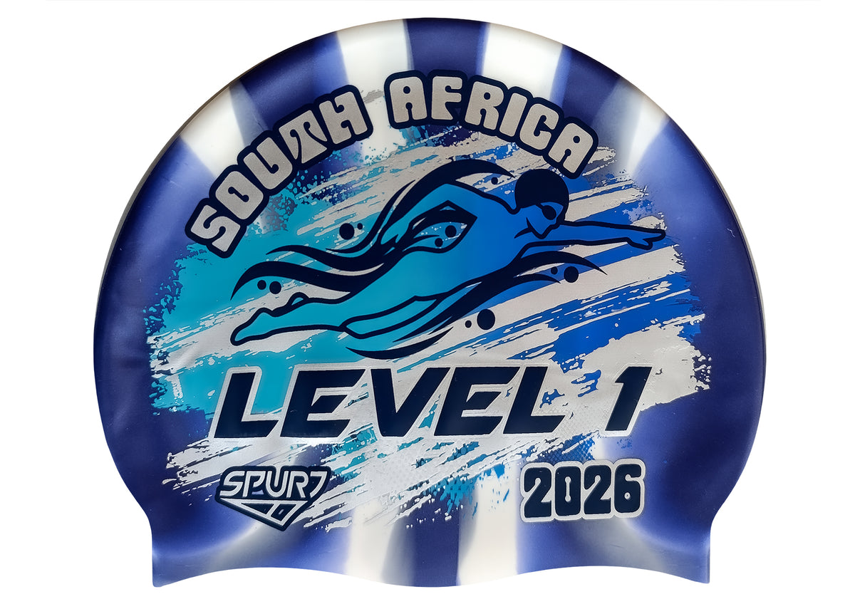Level 1 2026 in Slanted Font and Grungy Brush on Mi138 Navy &amp; White Vertical Stripes Spurt Silicone Swim Cap