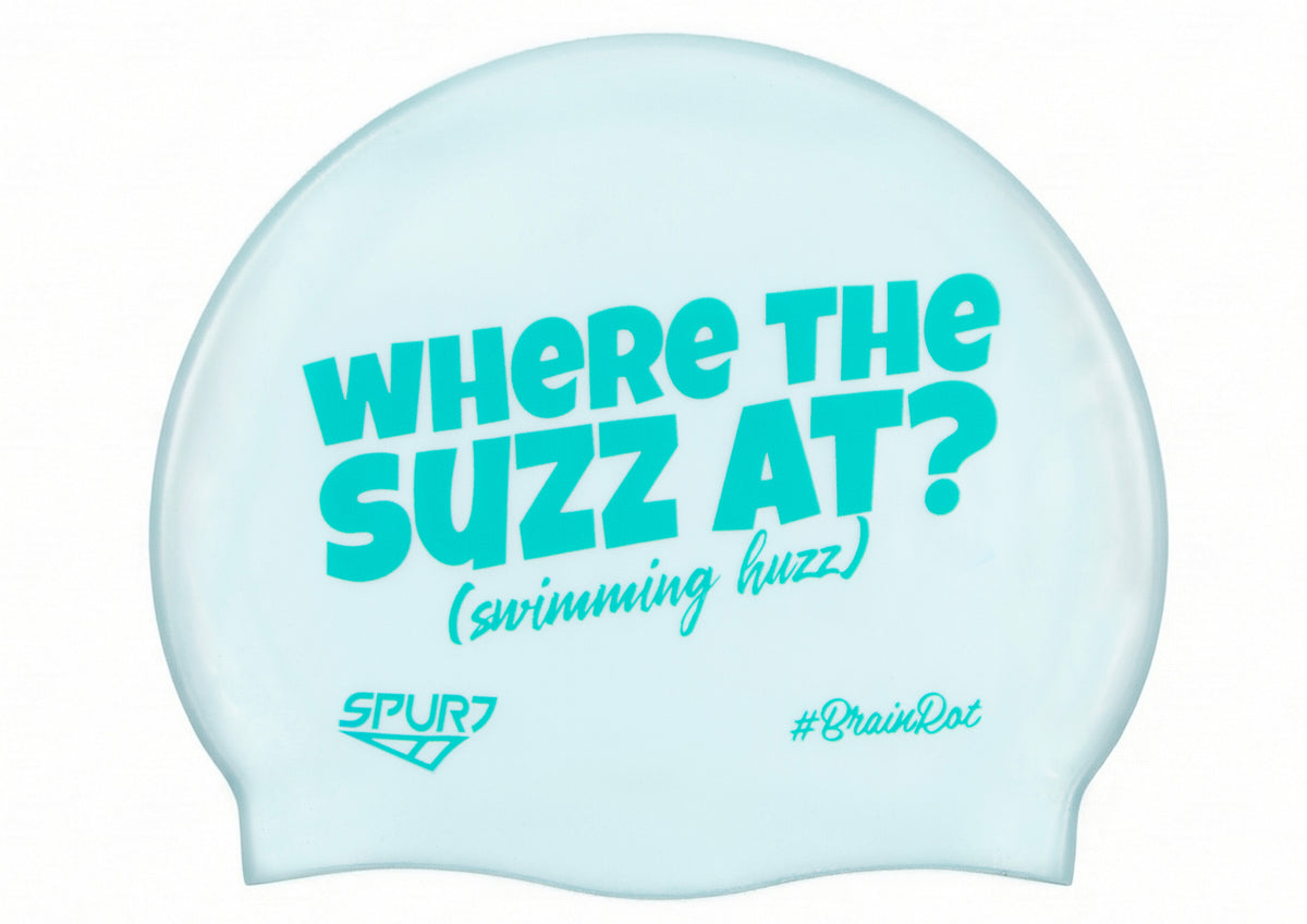 BrainRot Where The Suzz At on G101 Pale Blue Spurt Silicone Swim Cap