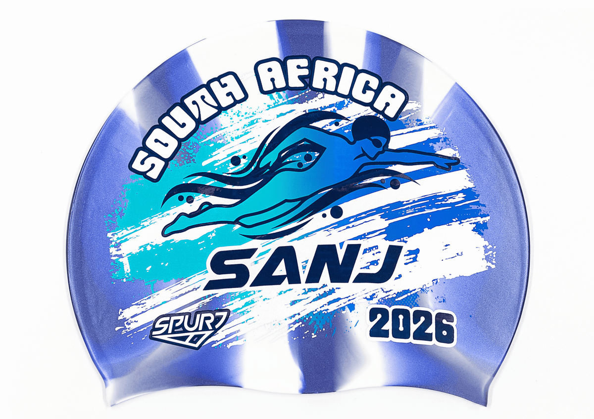 SANJ 2026 in Slanted Font and Grungy Brush on Mi138 Navy and White Vertical Stripes  Spurt Silicone Swim Cap