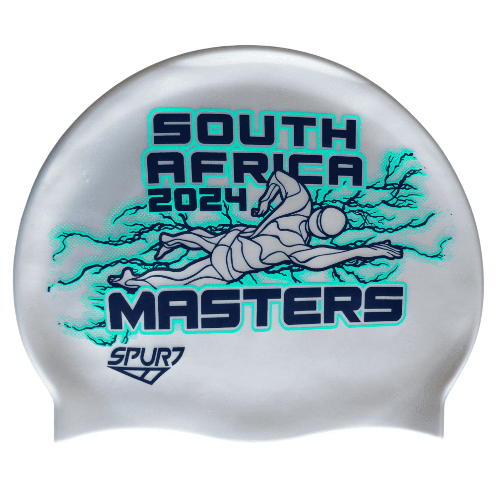 Masters 2024 Lightning behind Swimmer on SD11 Silver Spurt Silicone Swim Cap