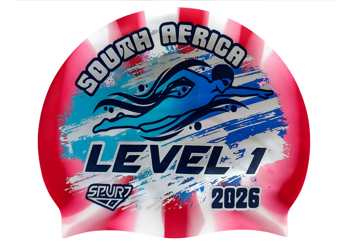 Level 1 2026 in Slanted Font and Grungy Brush on Mi139 Red &amp; White Vertical Stripes Spurt Silicone Swim Cap