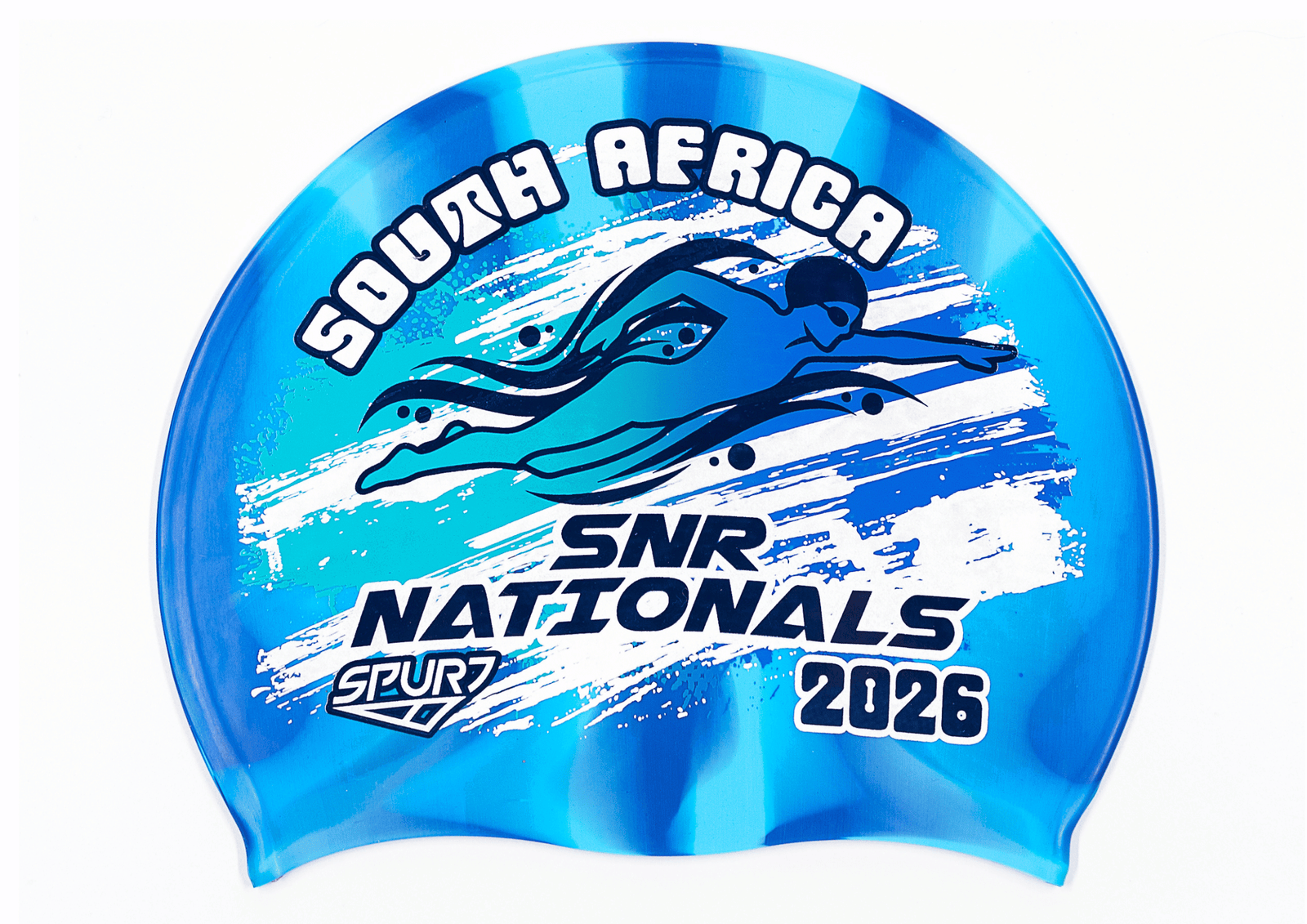 SANS 2026 in Slanted Font and Grungy Brush on Mi1 Dark Blue and Light Blue Vertical Stripes  Spurt Silicone Swim Cap