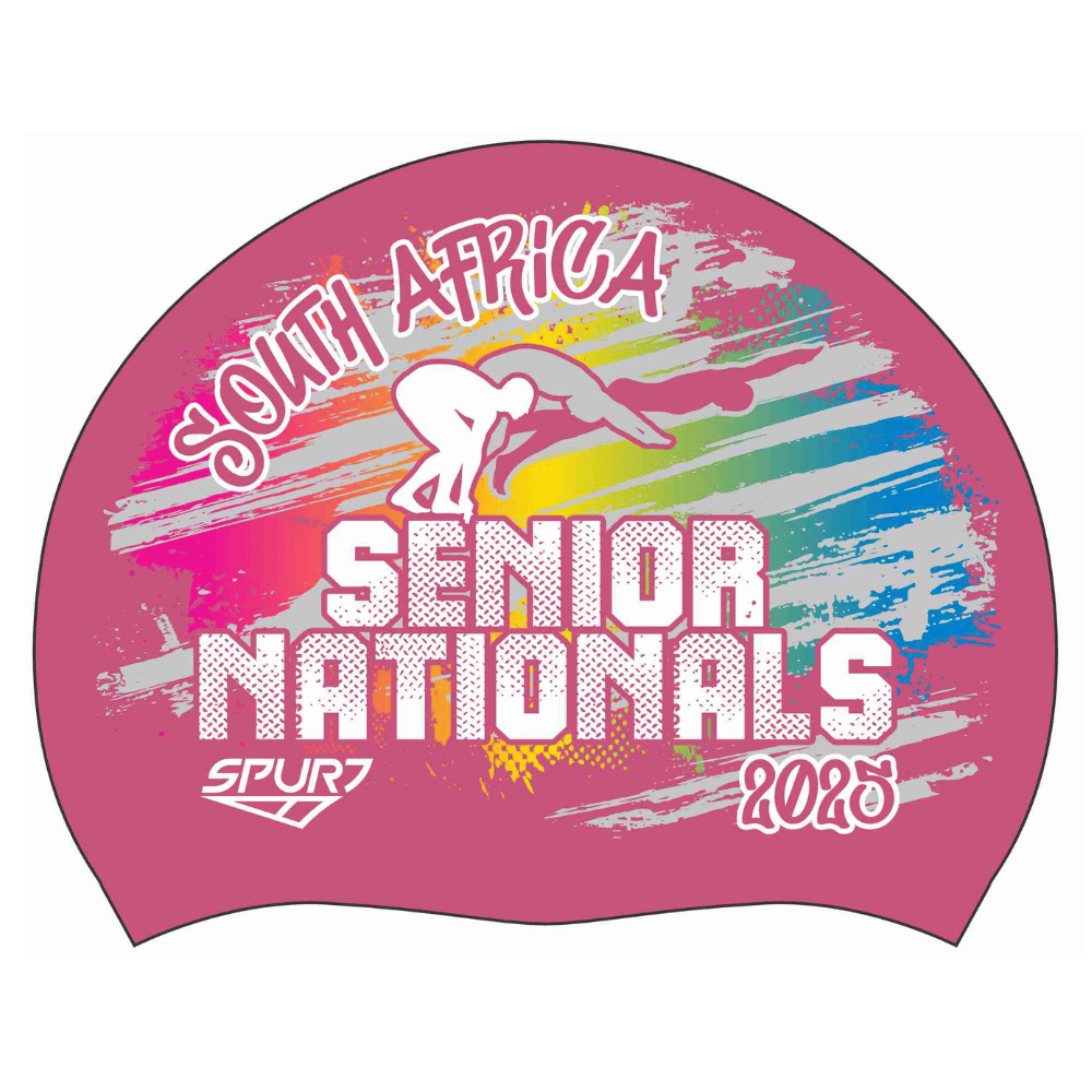 Senior Nationals  2025 Rainbow blend behind diving Swimmer on SH87 Dark Pink Spurt Silicone Swim Cap