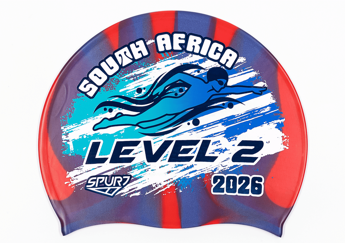 LEVEL 2 2026 in Slanted Font and Grungy Brush on Mi120 Red and Navy Vertical Stripes  Spurt Silicone Swim Cap