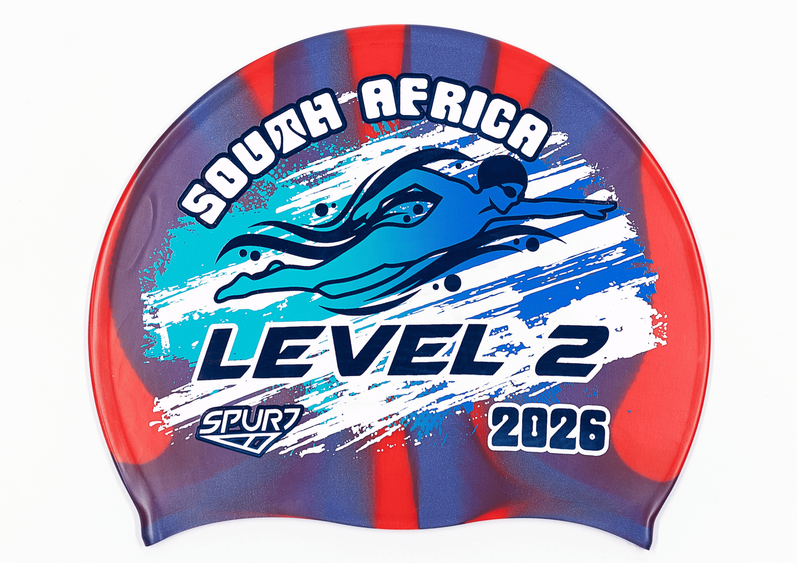 LEVEL 2 2026 in Slanted Font and Grungy Brush on Mi120 Red and Navy Vertical Stripes  Spurt Silicone Swim Cap
