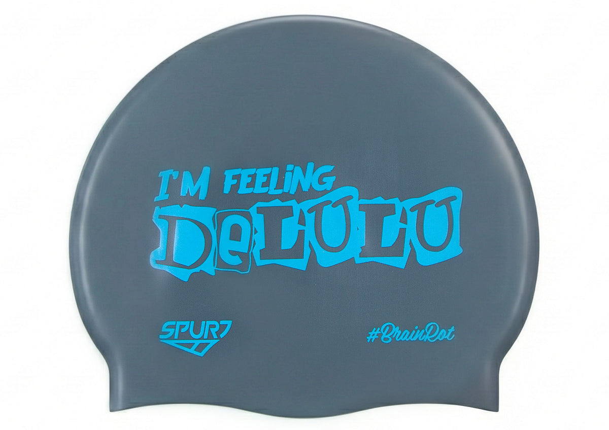 BrainRot I'm Feeling Delulu on F210 Dark Grey Spurt Silicone Swim Cap