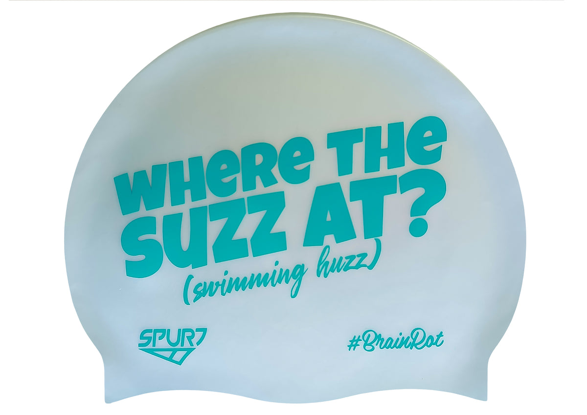 BrainRot Where The Suzz At on G101 Pale Blue Spurt Silicone Swim Cap