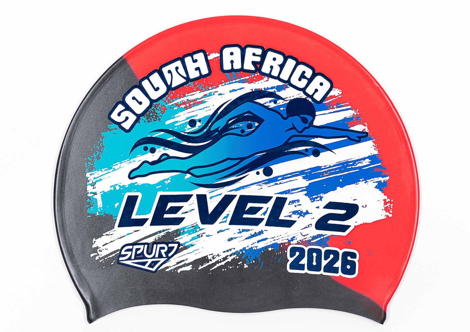 LEVEL 2 2026 in Slanted Font and Grungy Brush on MW92 Red and Black Diagonal Blend  Spurt Silicone Swim Cap