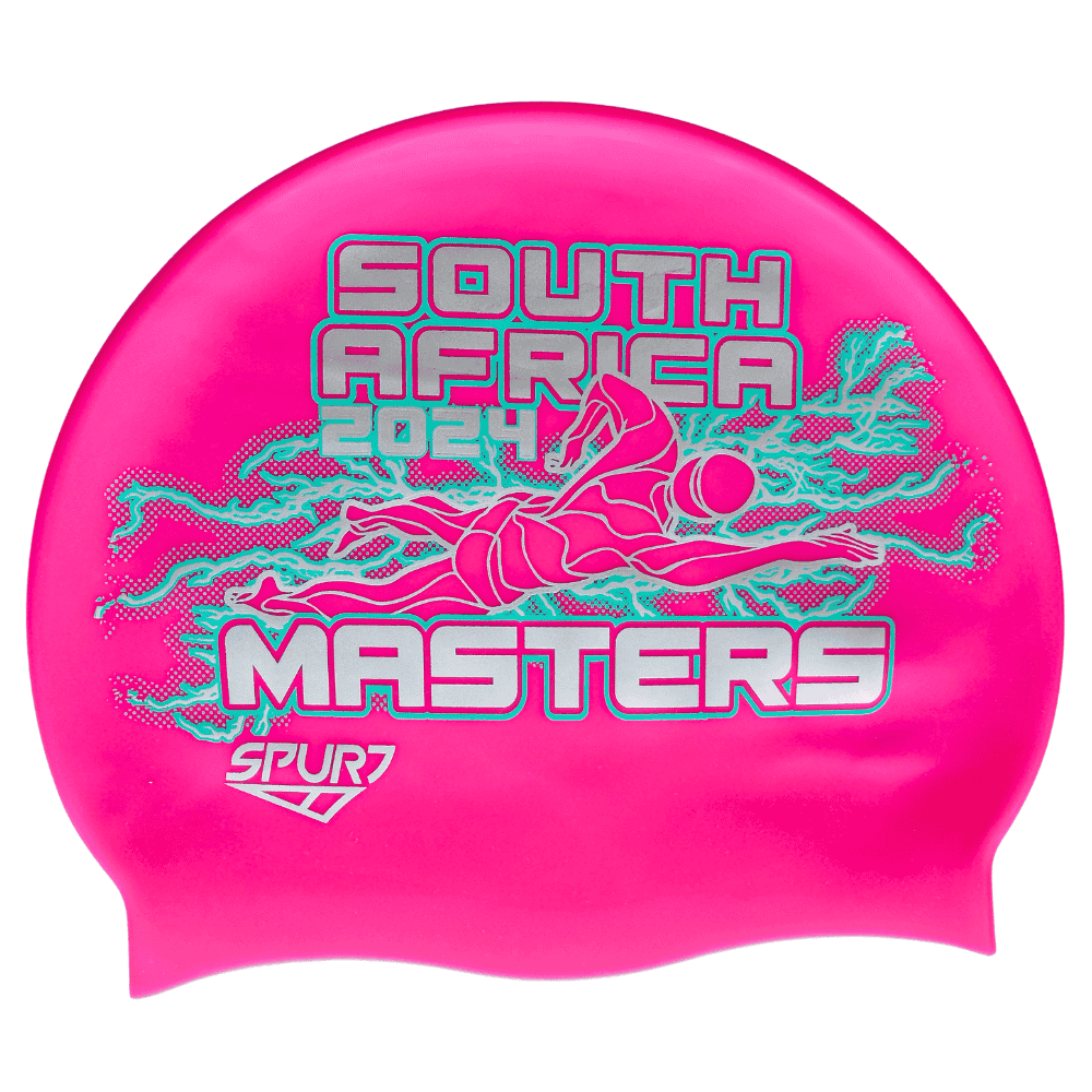 Masters 2024 Lightning behind Swimmer on F215 Bright Pink Spurt Silicone Swim Cap