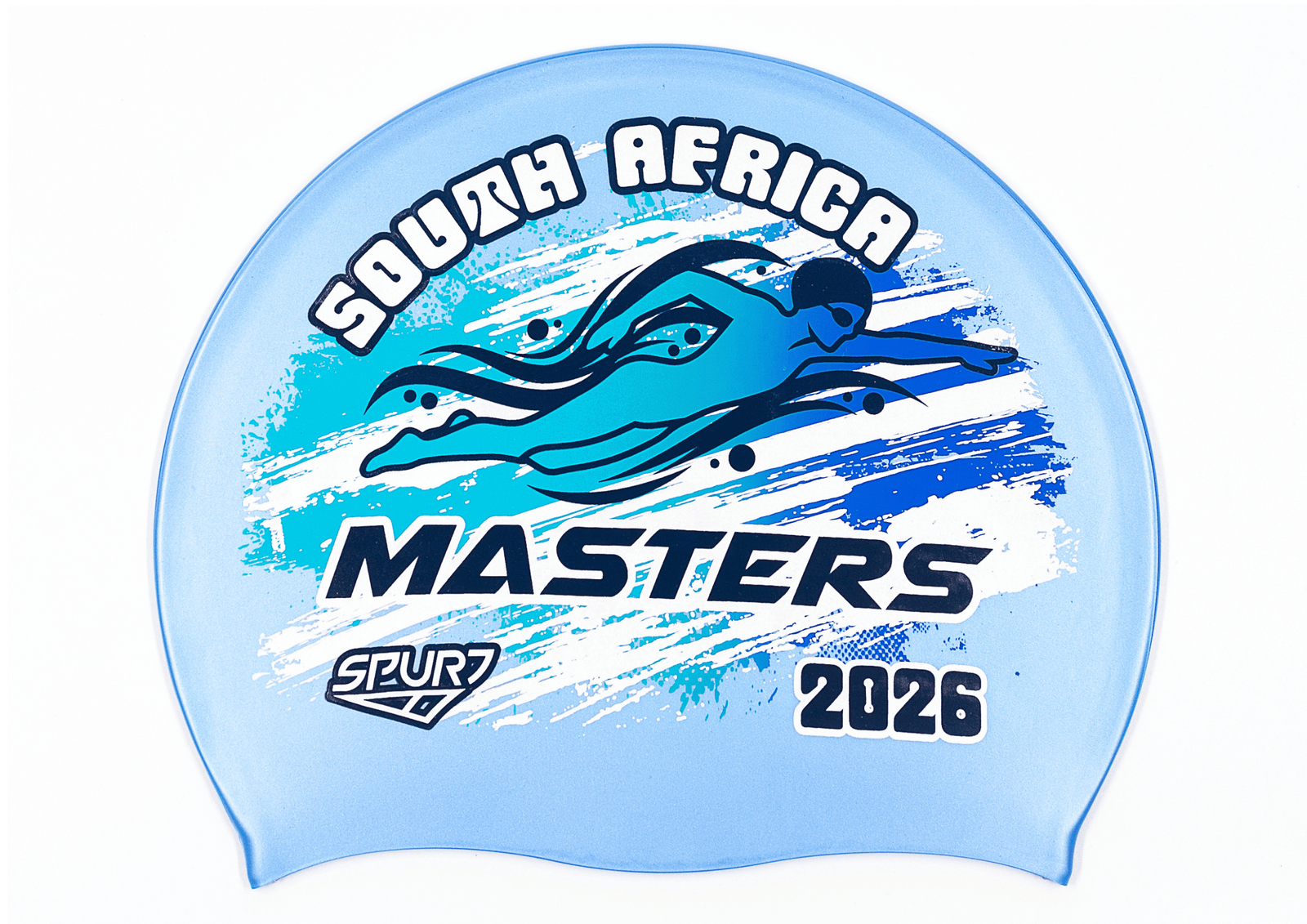 MASTERS 2026 in Slanted Font and Grungy Brush on SB12 Lavender Blue Spurt Silicone Swim Cap
