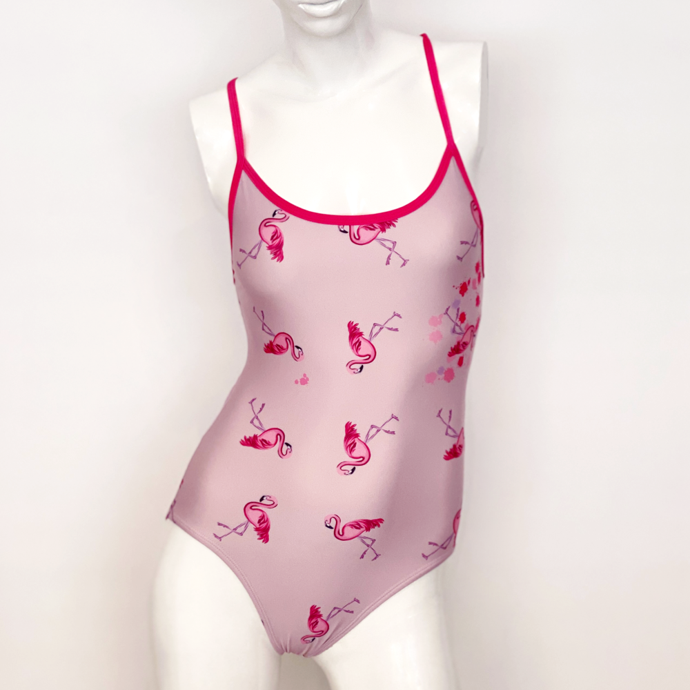 Kikx Extra Life Thin Strap Swimsuit in Full Print Flamingos in Splashes on Light Pink