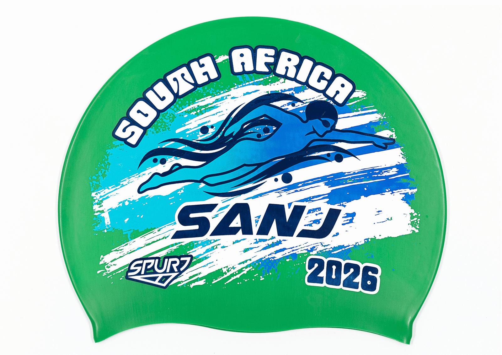 SANJ 2026 in Slanted Font and Grungy Brush on F217 Mid Green  Spurt Silicone Swim Cap