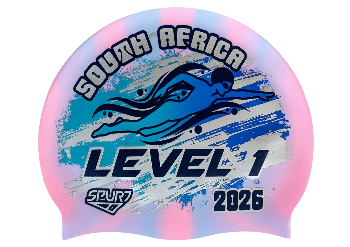 Level 1 2026 in Slanted Font and Grungy Brush on Mi126 Light Pink &amp; Light Blue Vertical Stripes Spurt Silicone Swim Cap