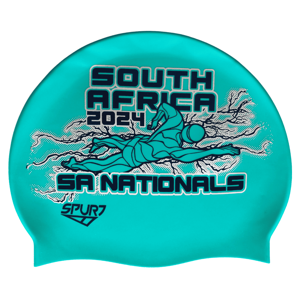 Senior Nationals 2024 Lightning behind Swimmer on SD24 Turquoise Green Spurt Silicone Swim Cap