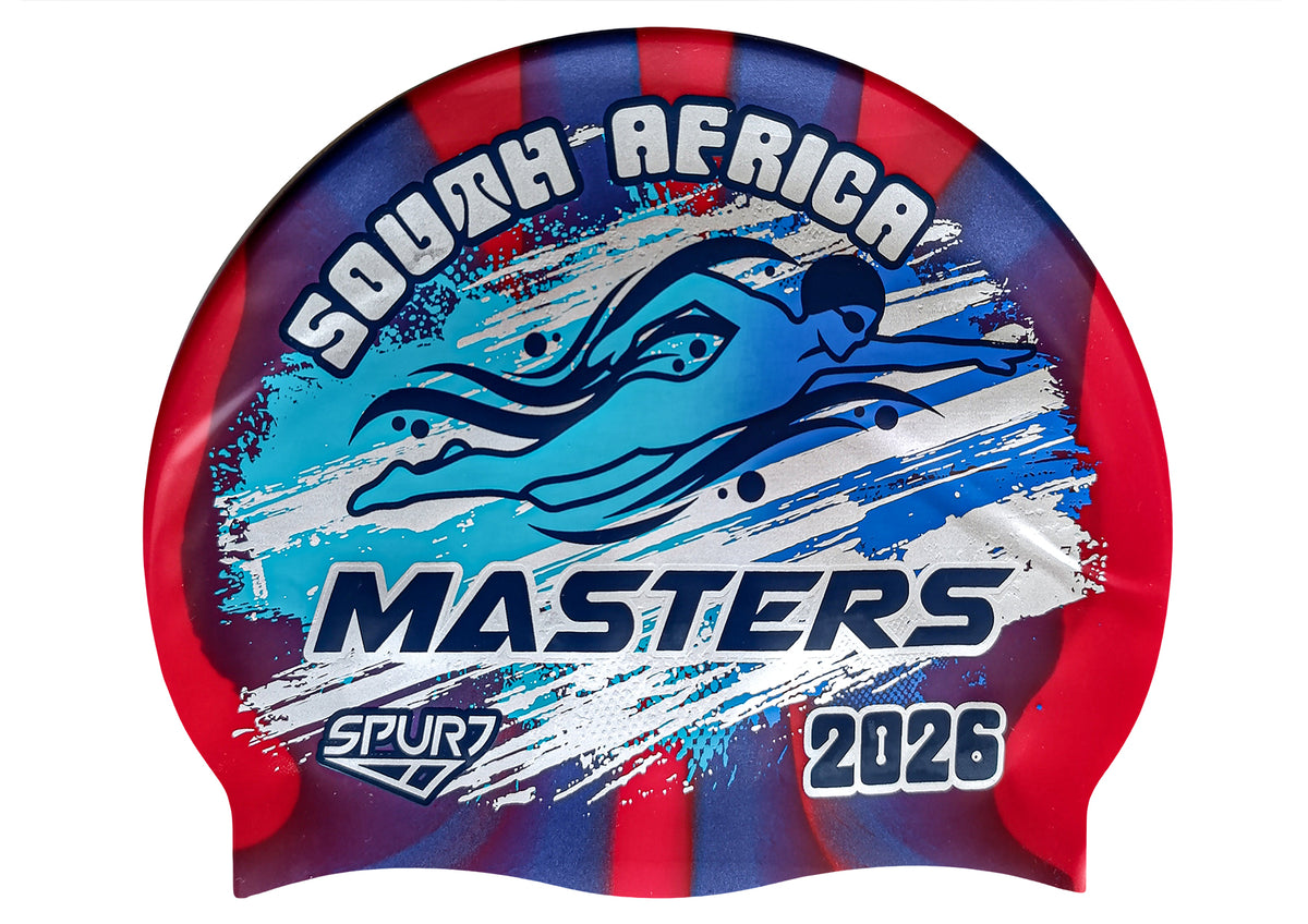 MASTERS 2026 in Slanted Font and Grungy Brush on Mi120 Red &amp; Navy Vertical Stripes Spurt Silicone Swim Cap