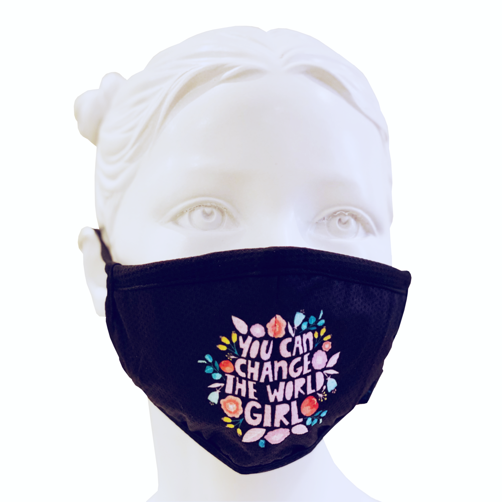 Swim-Dry Kids Protective Face Mask in Black with Flowers with Change the World Slogan