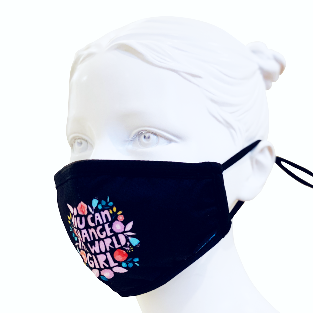 Swim-Dry Kids Protective Face Mask in Black with Flowers with Change the World Slogan
