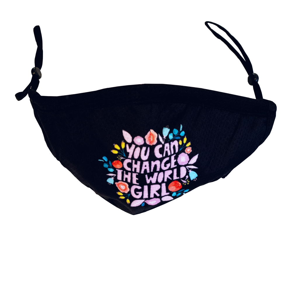 Swim-Dry Kids Protective Face Mask in Black with Flowers with Change the World Slogan