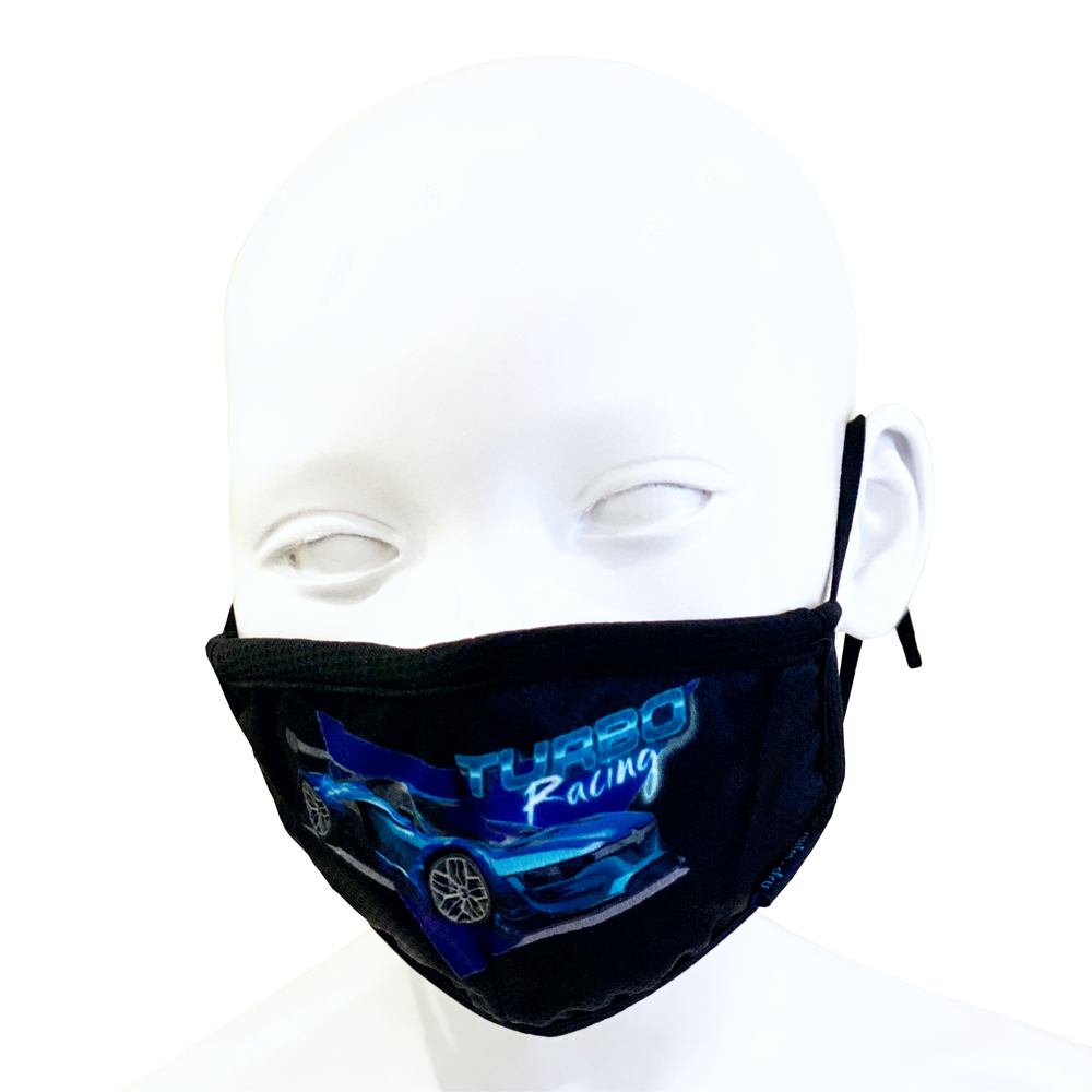 Swim-Dry Kids Protective Face Mask in Black with Sports Car and Turbo Racing