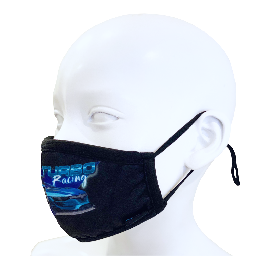 Swim-Dry Kids Protective Face Mask in Black with Sports Car and Turbo Racing