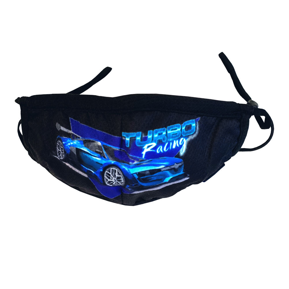 Swim-Dry Kids Protective Face Mask in Black with Sports Car and Turbo Racing