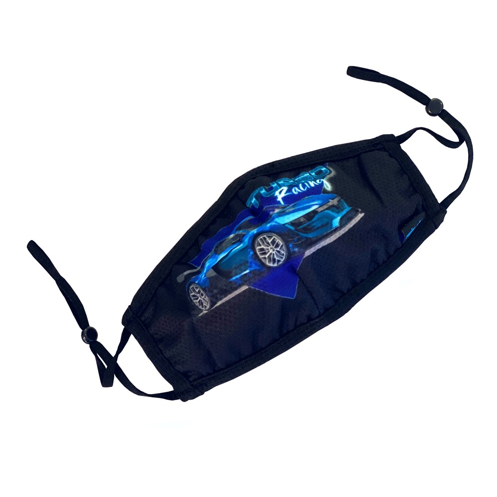 Swim-Dry Kids Protective Face Mask in Black with Sports Car and Turbo Racing