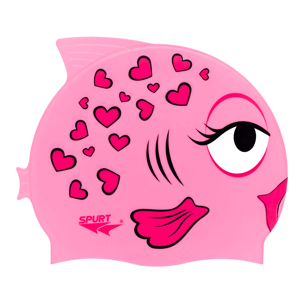 Heart Fish with Fins in Bright Pink and Black on F227 Light Pink Spurt Silicone Swim Cap