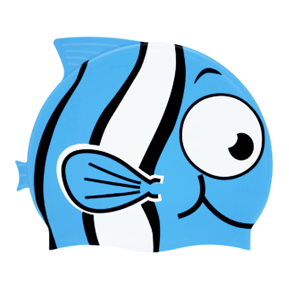 Fish with Fins in Black and White on F230 Light Sky Blue Spurt Silicone Swim Cap