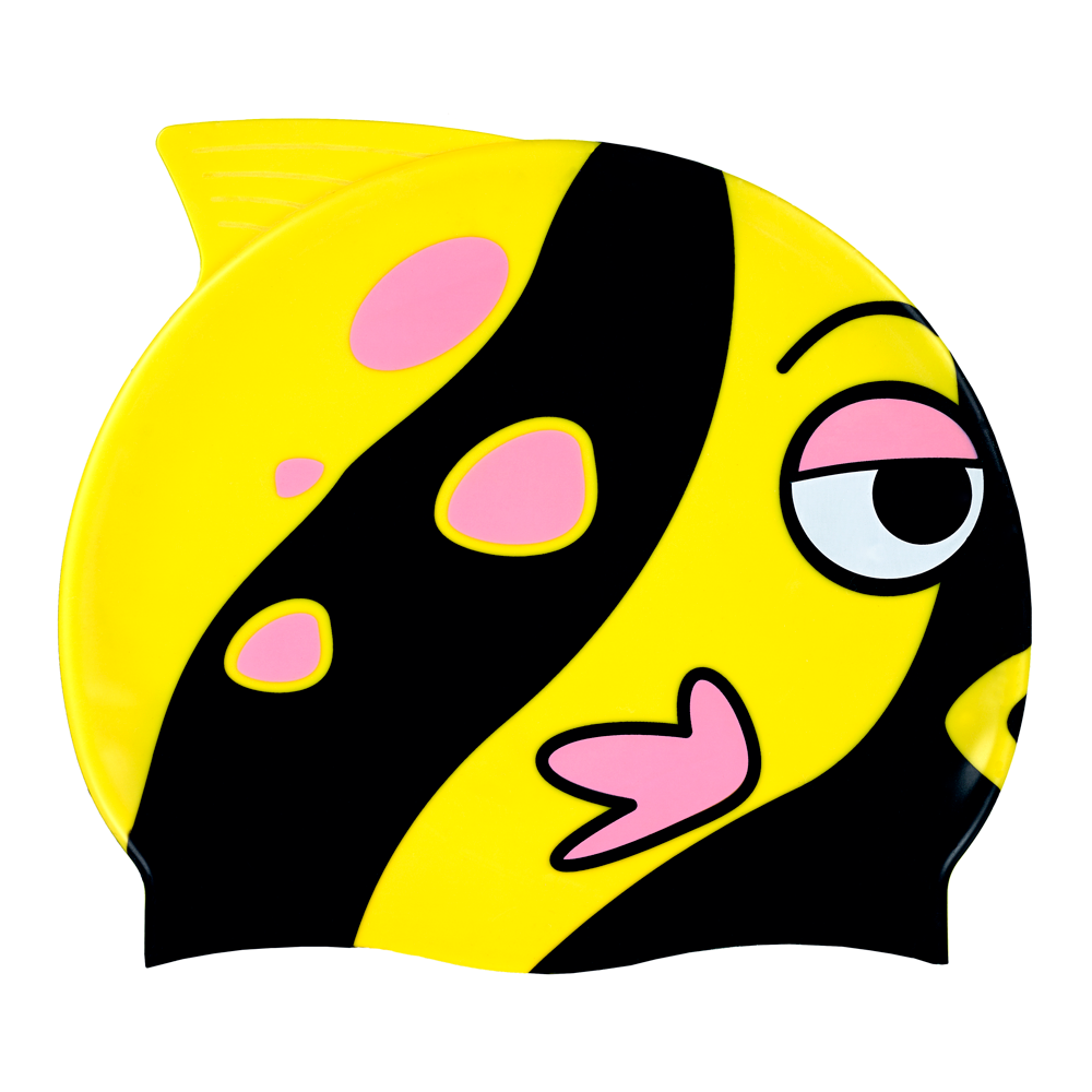 Fish with Fins in Pink and Black on SC17 Sunflower Yellow Spurt Silicone Swim Cap