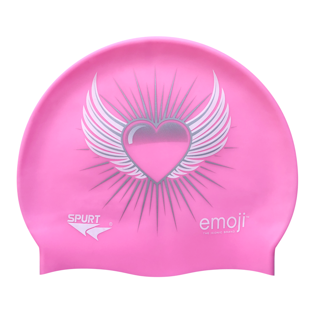 Emoji Heart with Wings on F239 Light Pink Spurt Silicone Swim Cap