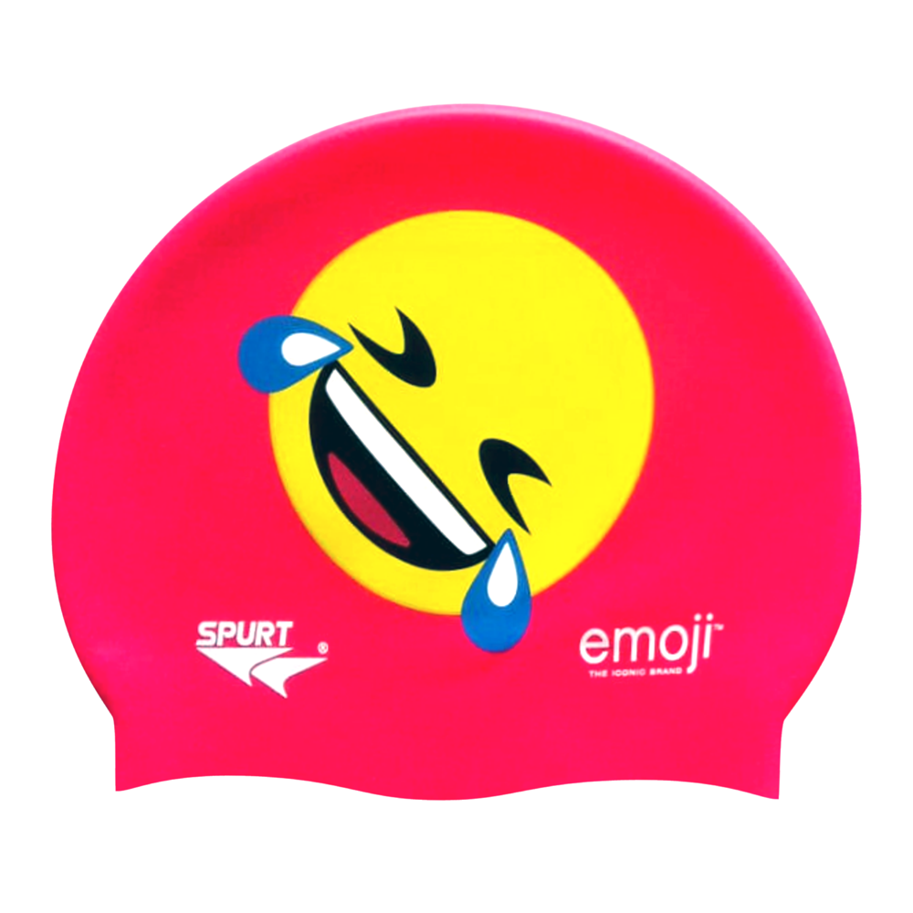 Emoji Laughing with Tears Tilted on F215 Bright Pink Spurt Silicone Swim Cap