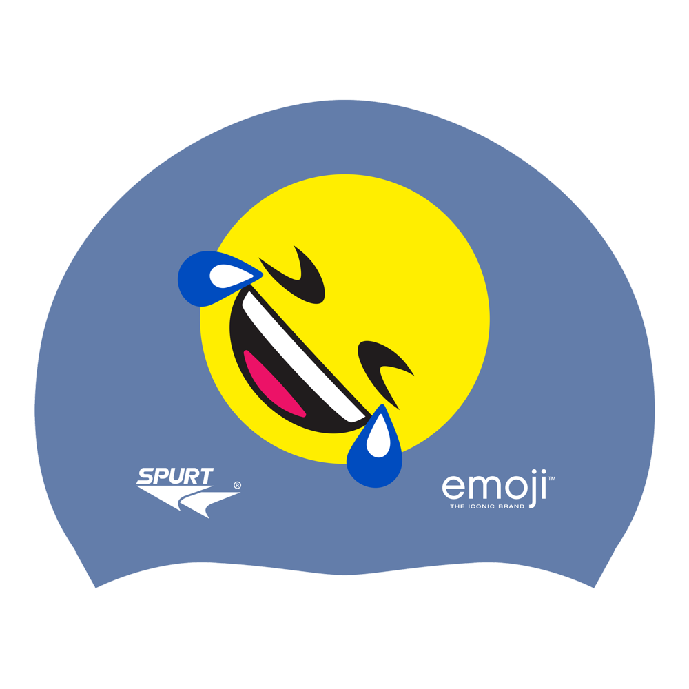 Emoji Laughing with Tears Tilted on SD17 Gun Metal Blue Spurt Silicone Swim Cap