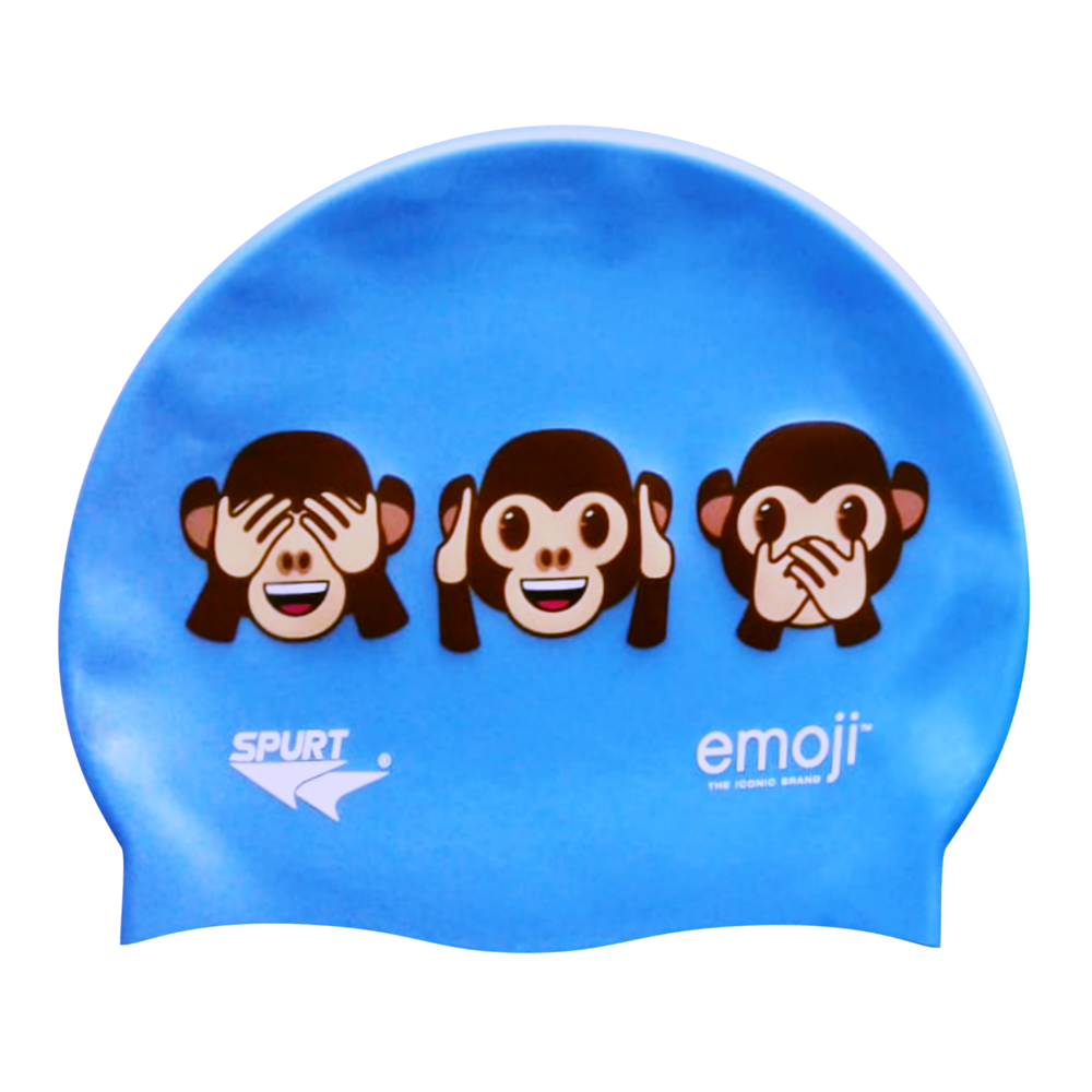 Emoji Monkeys Hear, See and Speak No Evil on SB12 Lavender Blue Spurt Silicone Swim Cap