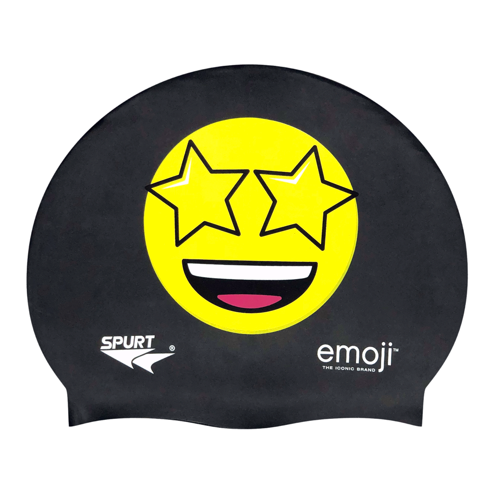 Emoji Star Struck on SB14 Metallic Black Spurt Silicone Swim Cap