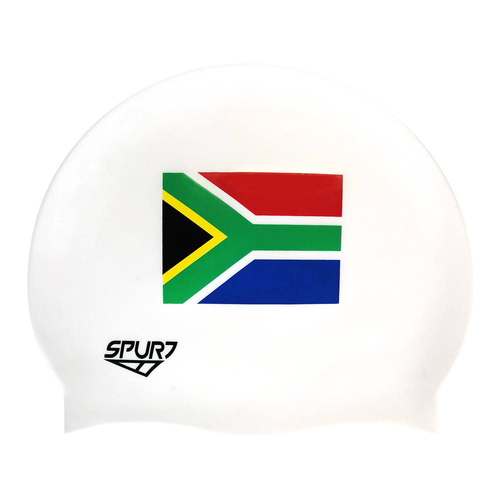 SA Block Flag on F212 Warm White Spurt Silicone Swim Cap