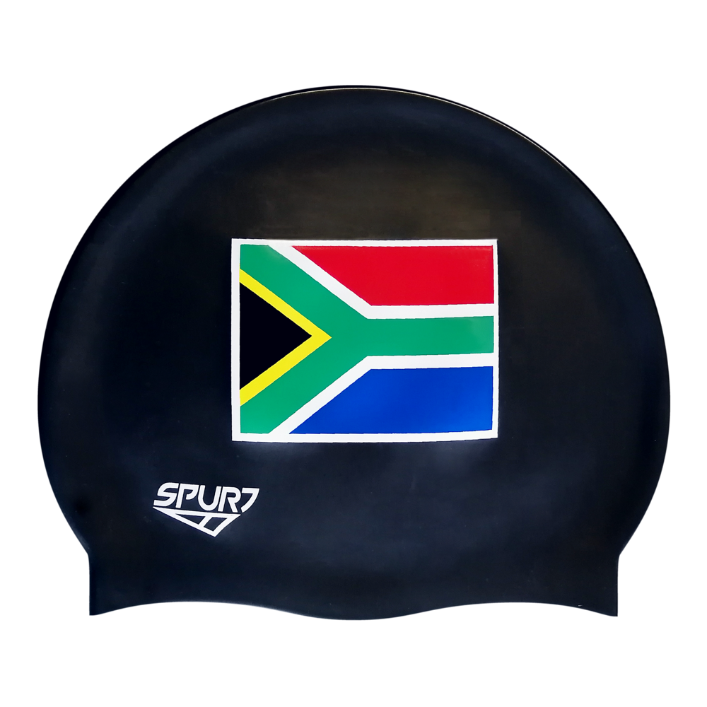 SA Block Flag on SB14 Metallic Black Spurt Silicone Swim Cap