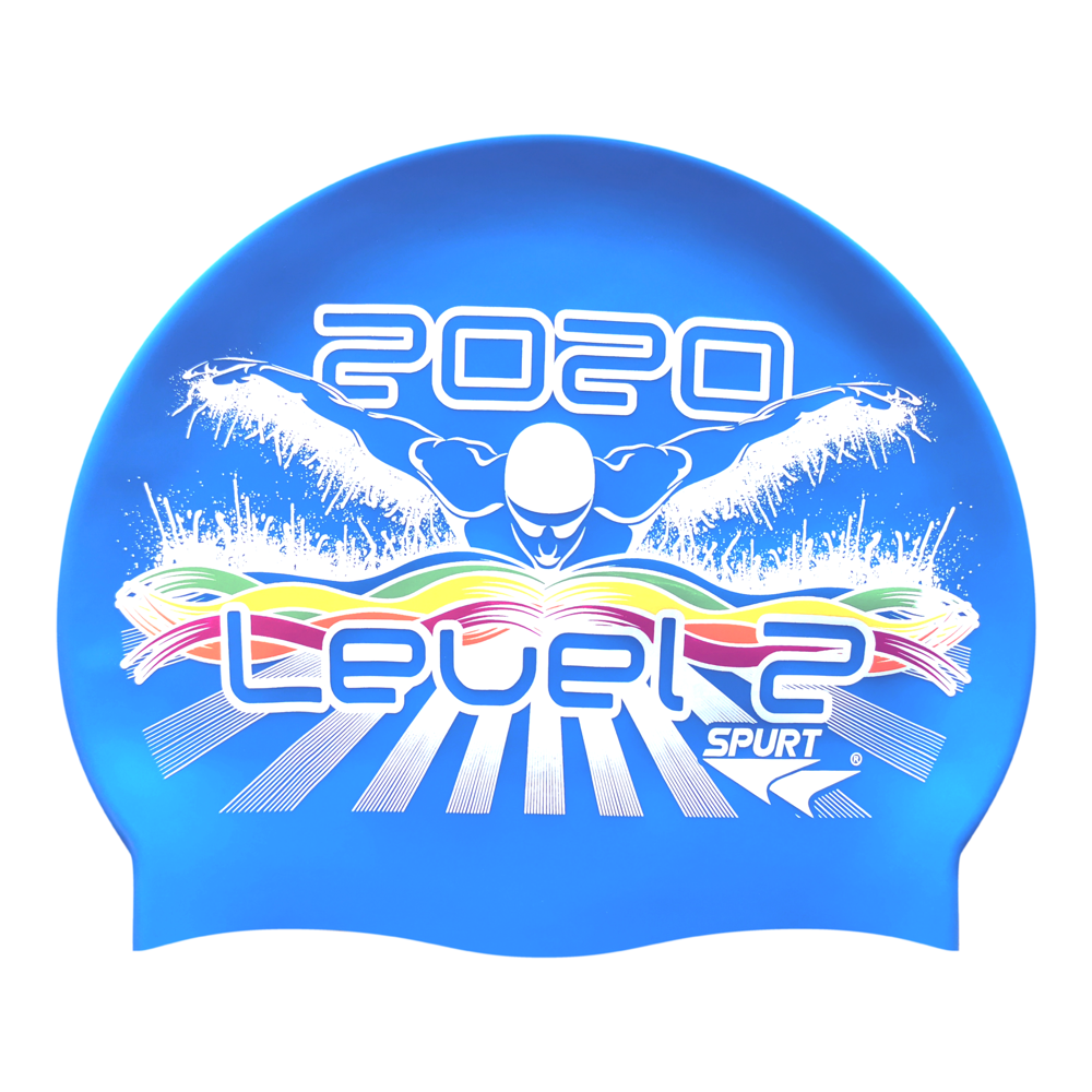 Level 2 2020 Butterfly Swimmer in Splashes and Swirls on F218 Sky Blue Spurt Silicone Swim Cap